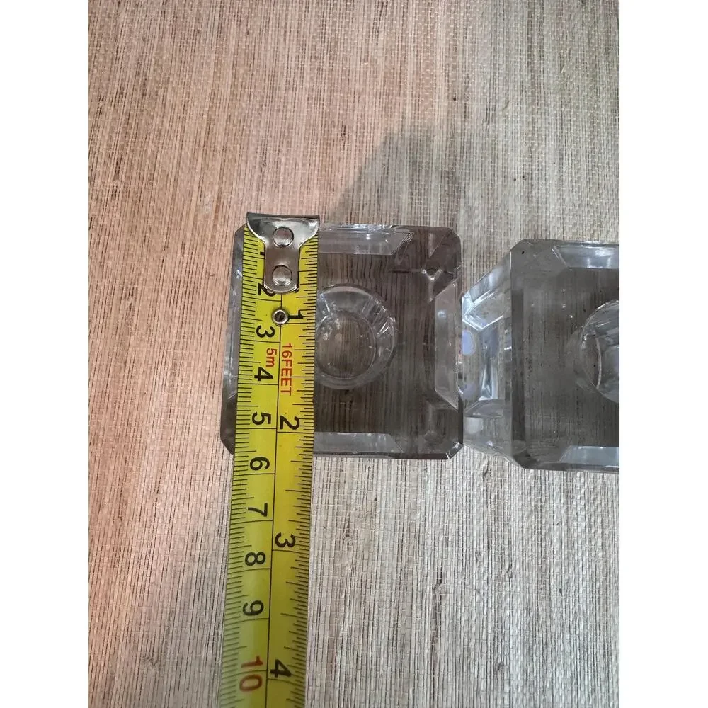 Vintage Pair MCM Art Deco Heavy Cut Crystal Block Candle Holders